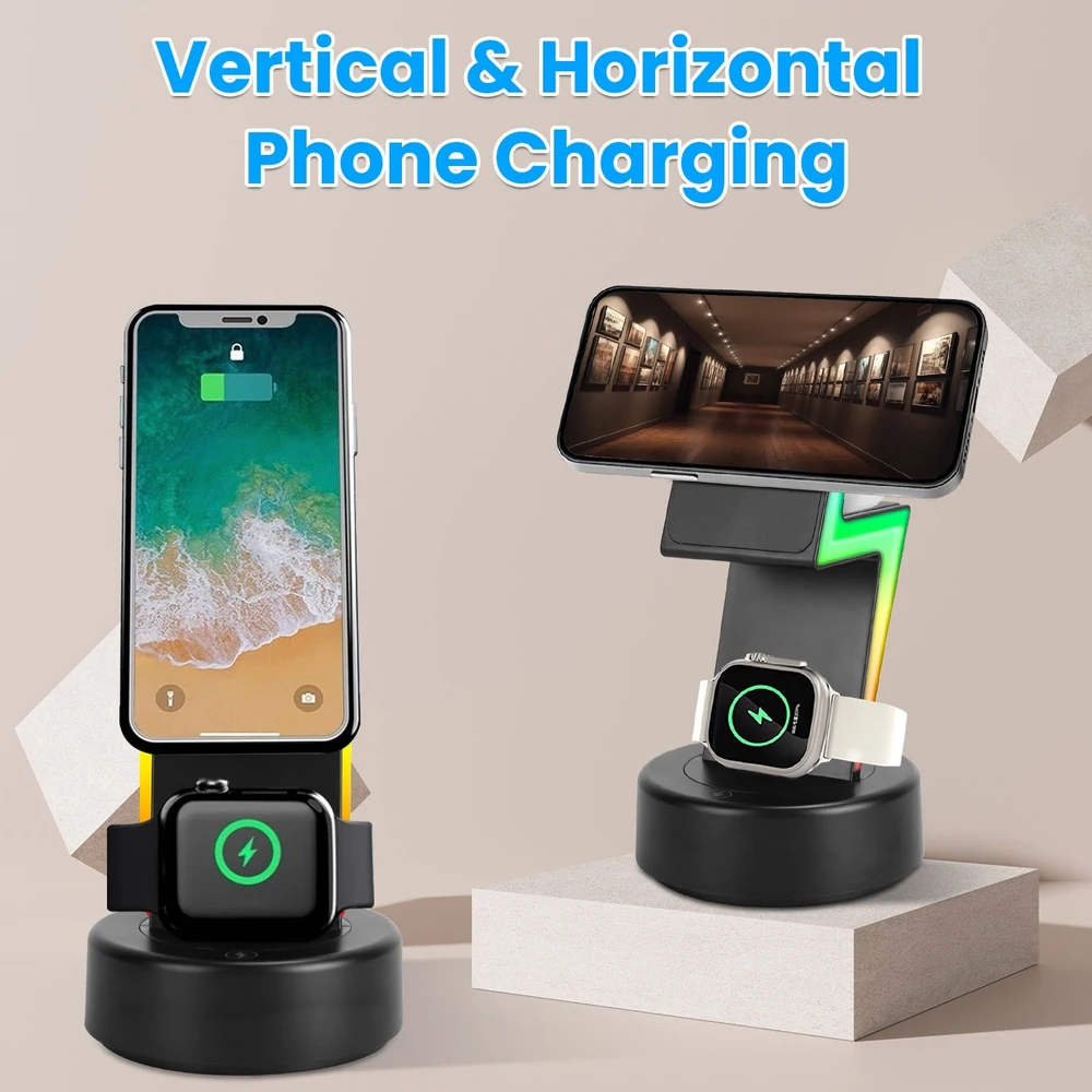 Wireless charging dock for smartphones and smartwatches, showcasing vertical and horizontal charging capabilities with illuminated indicators.