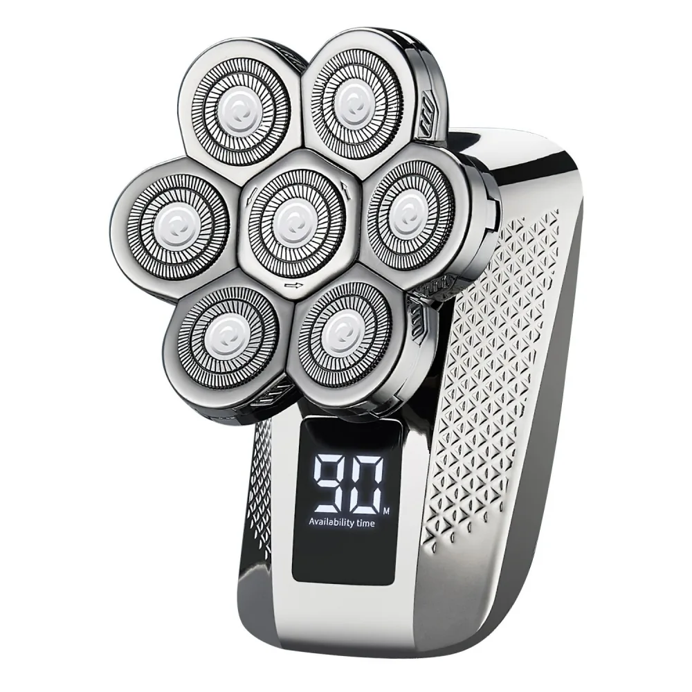 Electric rotary shaver with six rotating heads and digital display showing 90 minutes of availability, designed for a close and comfortable shave.