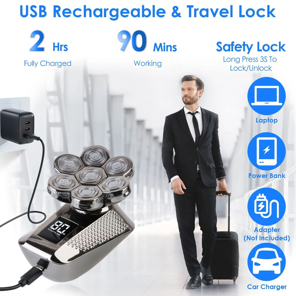 Electric razor with USB rechargeable feature, safety lock, and 90-minute cordless operation, shown next to a man in a suit traveling with a suitcase.
