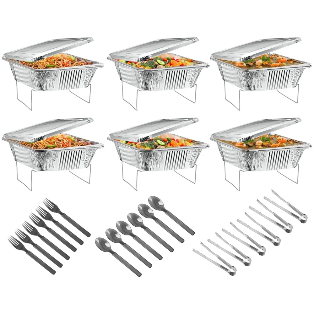 Set of six chafing dishes with lids filled with colorful stir-fried vegetables and noodles, accompanied by forks and spoons for serving, ideal for catering and buffet events.
