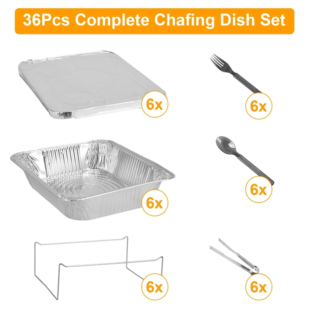 Complete 36-piece chafing dish set featuring six aluminum food trays, six lids, six serving forks, six spoons, six tongs, and six wire racks for easy catering and food service.