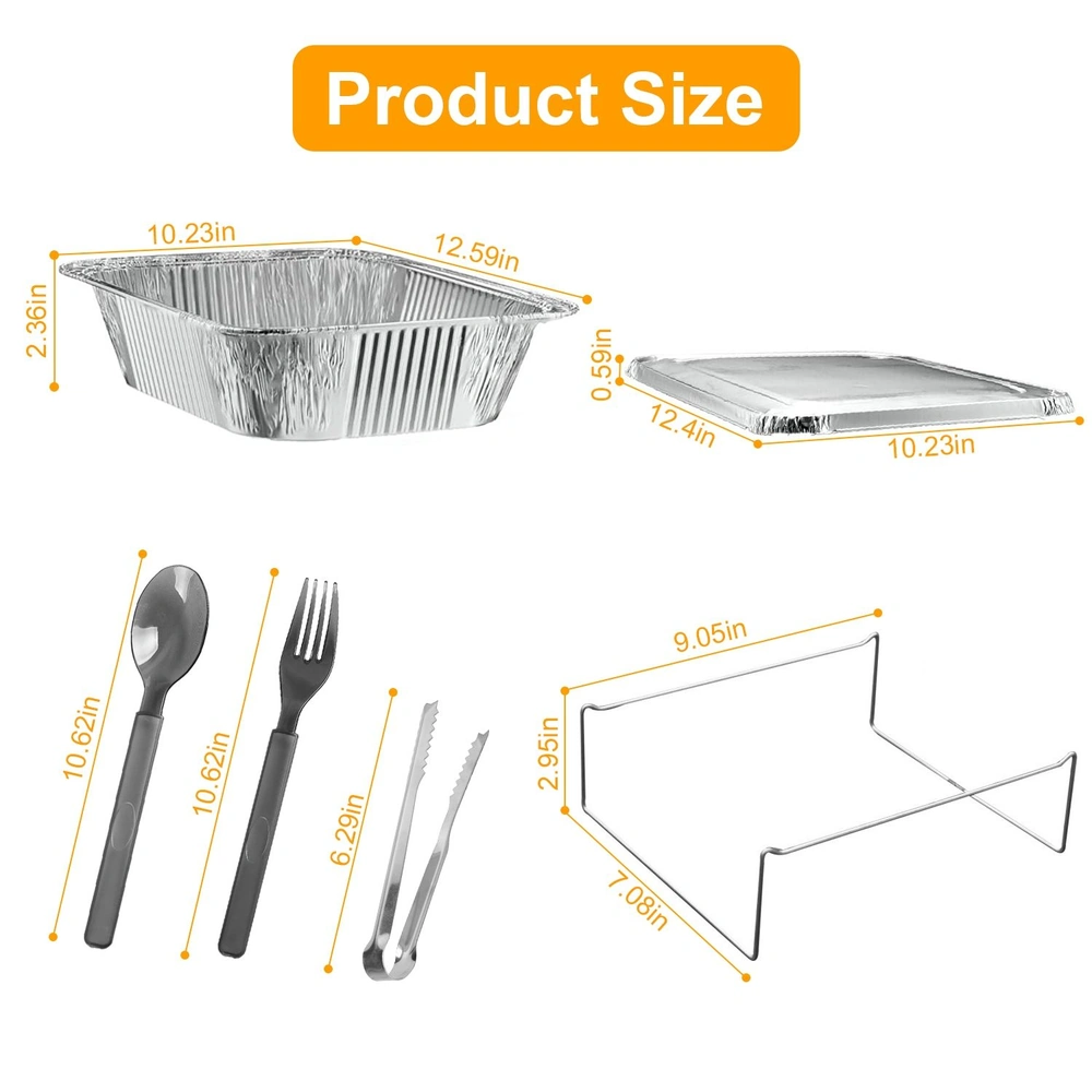 Product size illustration featuring a silver aluminum baking pan, a matching cover, black plastic utensils (spoon, fork, and tongs), and a wire rack, with dimensions marked in inches for easy reference.