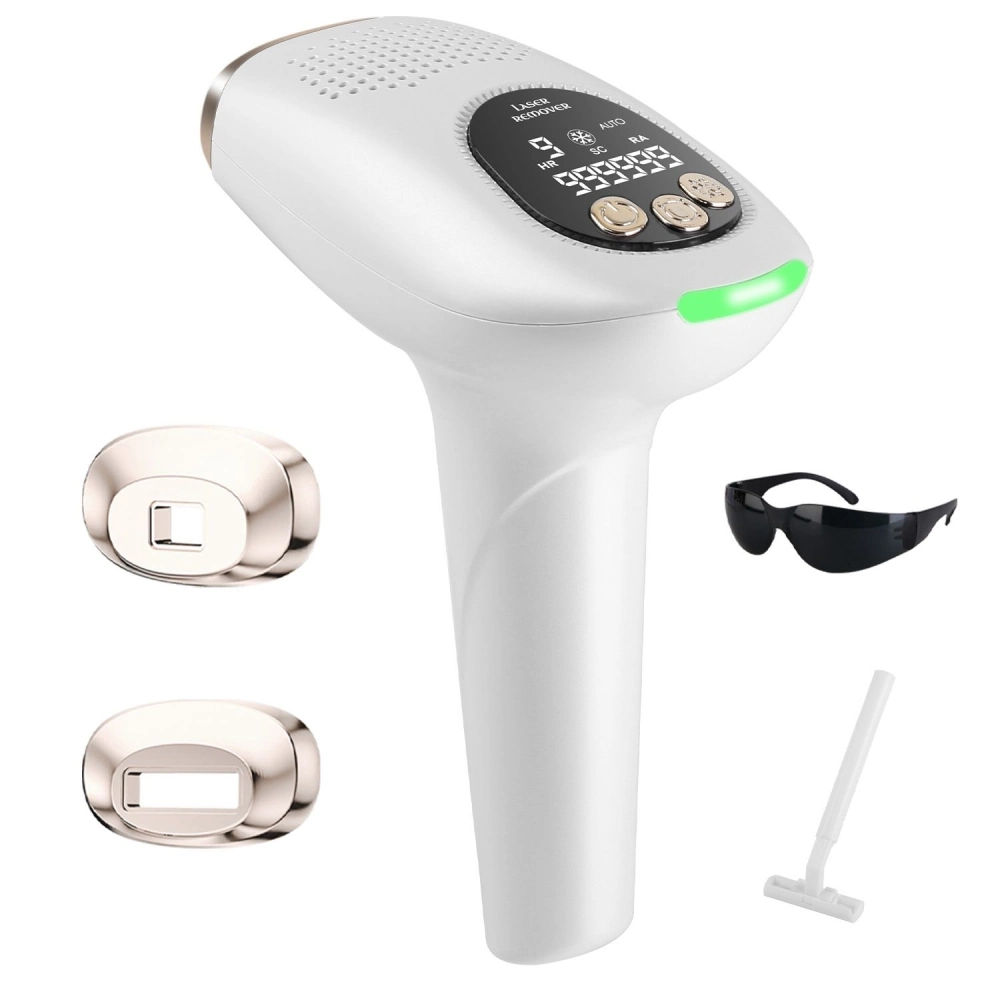 Home laser hair removal device with two interchangeable heads, protective goggles, and cleaning brush for effective and safe grooming.