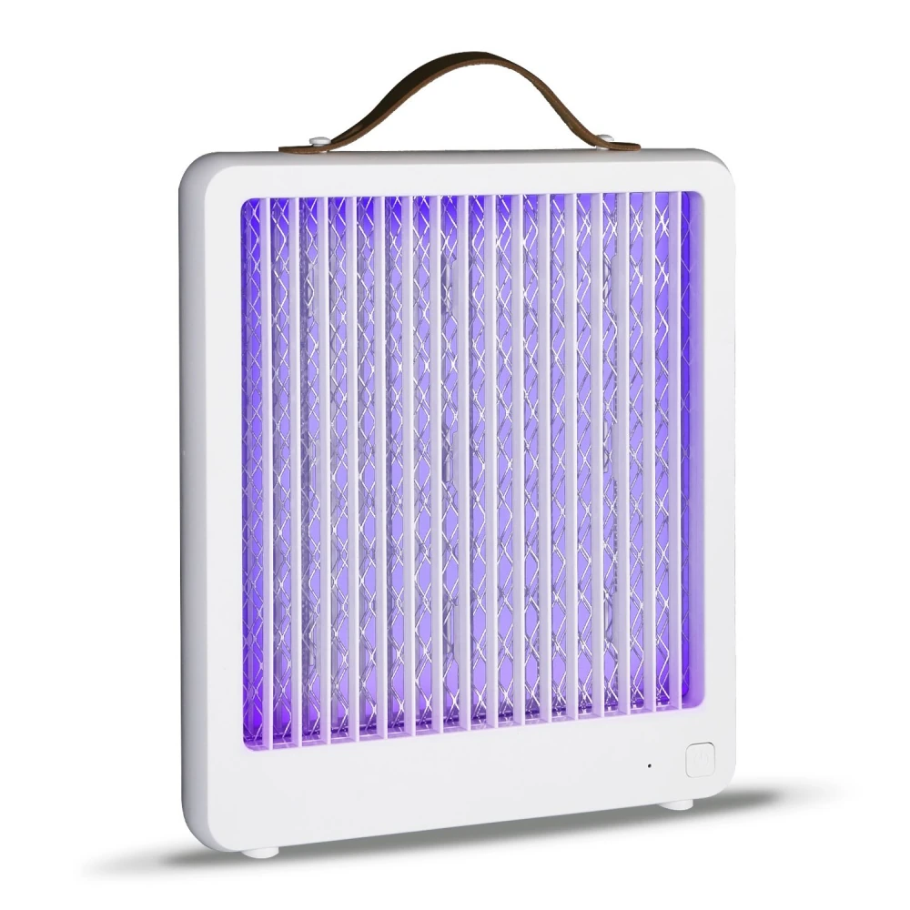 Portable UV light air purifier with a sleek white design and a brown leather handle, featuring purple UV light for effective air purification and sterilization.