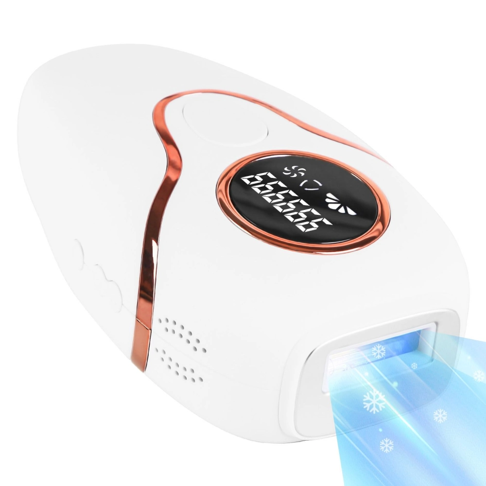 Compact white hair removal device with a digital display and cool blue light emitting from the treatment head.