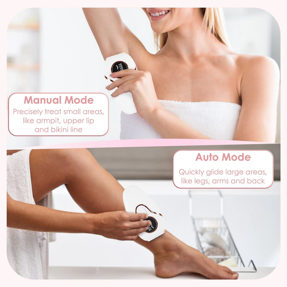 Image showing a woman using a hair removal device in both Manual Mode for small areas like the armpit and Auto Mode for larger areas like legs, demonstrating its versatility and ease of use.