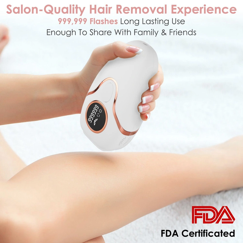 Hand holding a white, salon-quality hair removal device with a digital display, being used on smooth skin, featuring 999,999 flashes for long-lasting use, showcased on a soft, light background with FDA certification label.