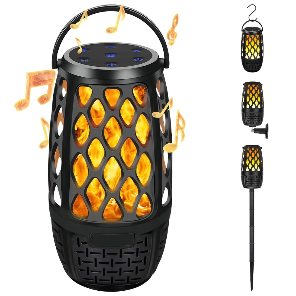 LED flame speaker with a decorative lantern design, featuring music notes and a handle for easy hanging or placement.