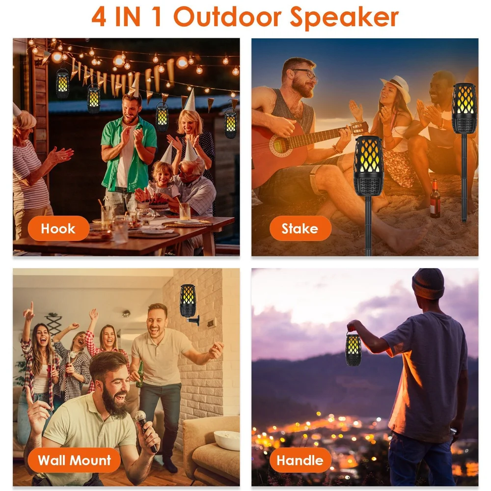 4-in-1 outdoor speaker displayed in four usage scenarios: hanging from a hook at a party, staked in the ground at a beach gathering, wall-mounted in a cozy indoor setting, and held by a person outdoors at sunset, showcasing versatility and portable design.