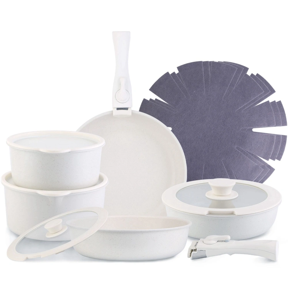 Set of eco-friendly, non-toxic white cookware including a frying pan, saucepans with lids, and a food-safe silicone handle, perfect for versatile cooking and serving.