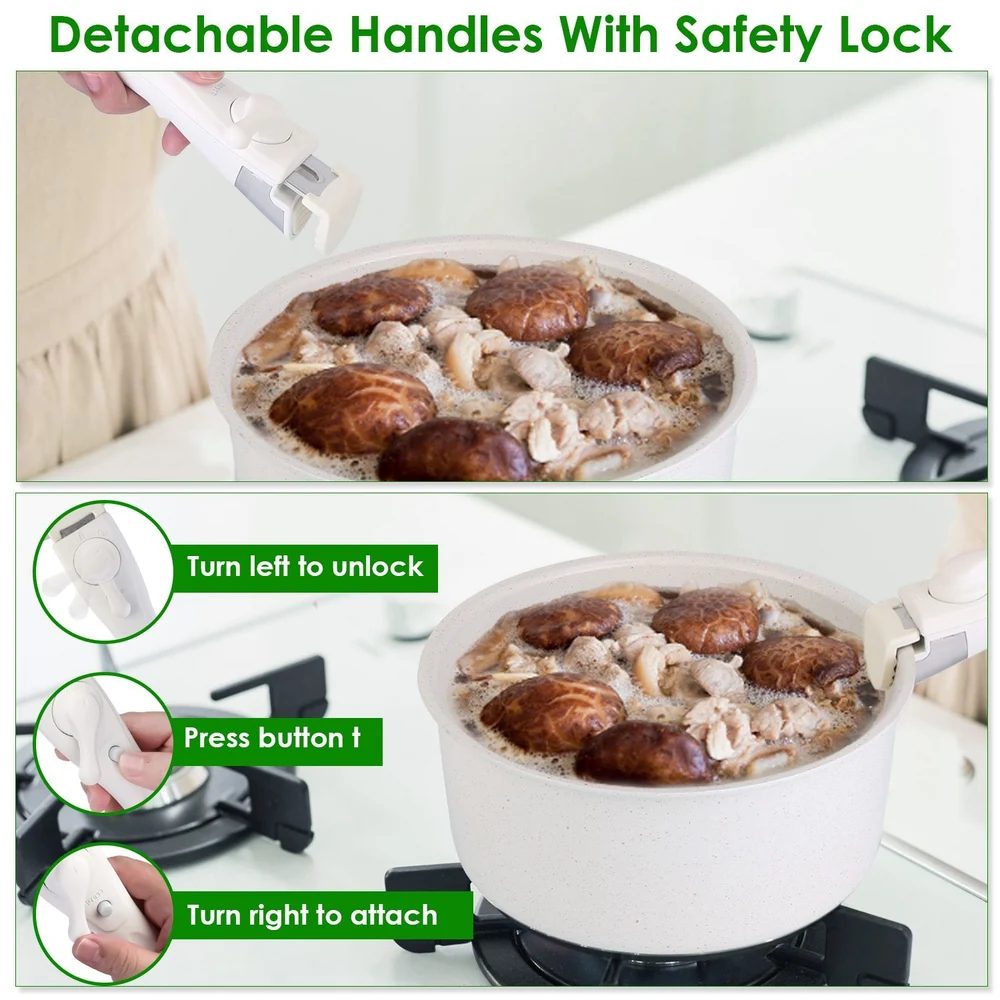 High-quality pot with detachable handles and safety lock features, cooking mushrooms and chicken on a gas stove, showcasing easy handle attachment instructions.