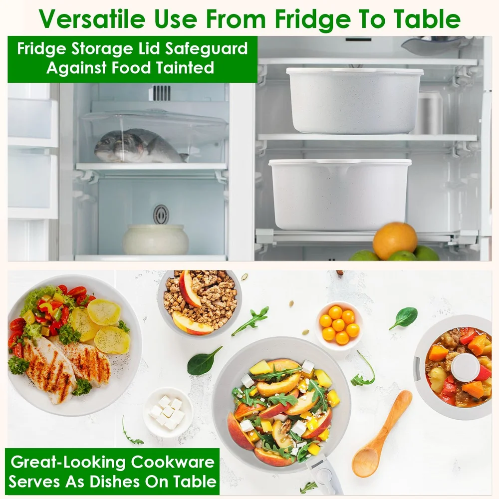 Image of versatile cookware designed for fridge and table use, featuring food storage containers with lids and beautifully arranged dishes including salads and grilled chicken, highlighting functionality and aesthetic appeal.