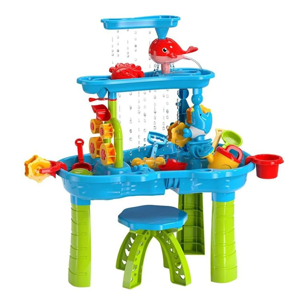 Colorful children's water play table with interactive features, including a red fish fountain, spinning toys, and various water play accessories, perfect for outdoor summer fun.