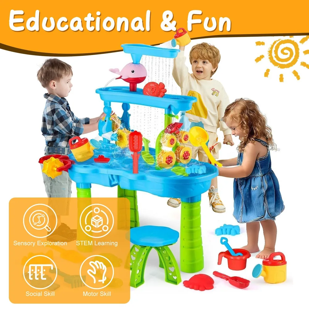 Colorful water play table for kids featuring interactive water features, toys, and accessories for sensory exploration, STEM learning, and motor skill development.