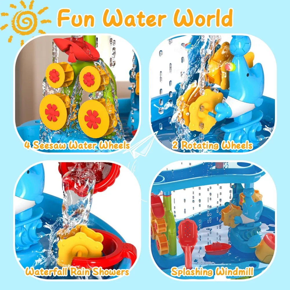Colorful water play table featuring active water features including seesaw water wheels, rotating wheels, waterfall rain showers, and a splashing windmill, designed for toddlers' outdoor fun.