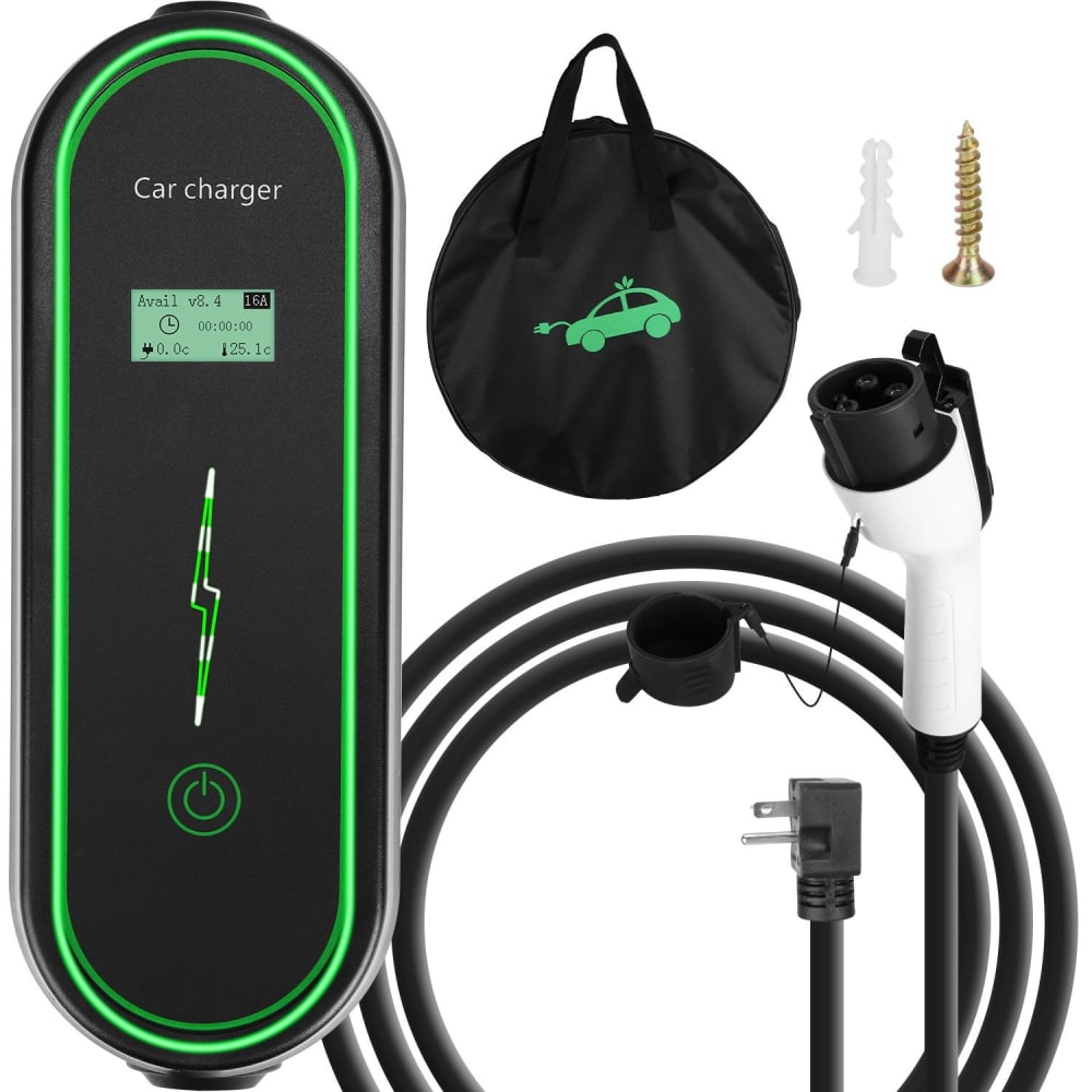 Electric car charger with LED display, charging cable, wall mount kit, and protective storage bag for home charging solutions.