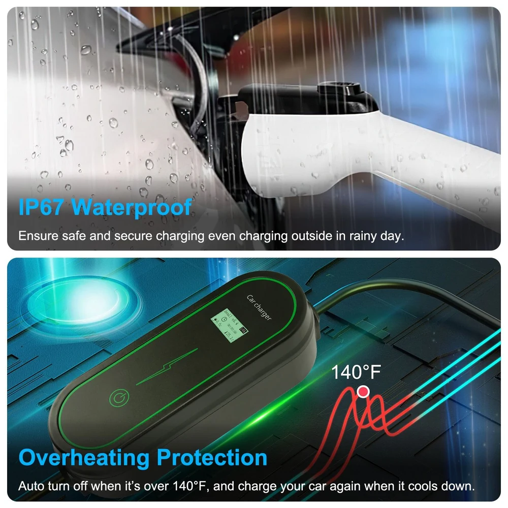 IP67 waterproof electric car charger with overheating protection, designed for safe outdoor use even in rain.