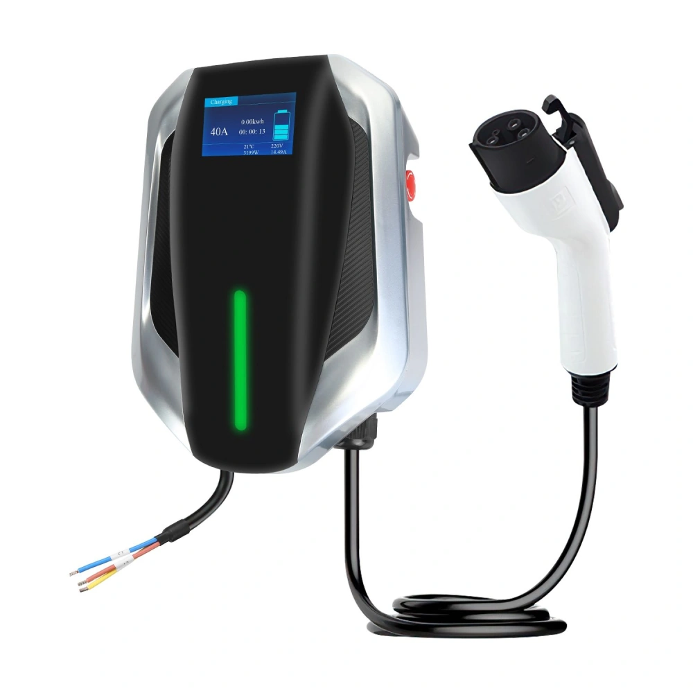 Electric vehicle charging station with digital display, 40A capacity, and connected charging cable.