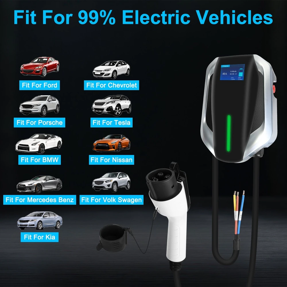 Electric vehicle charger compatible with 99% of vehicles, featuring a sleek design, digital display, and charging connector, suitable for brands like Ford, Tesla, Porsche, and more.