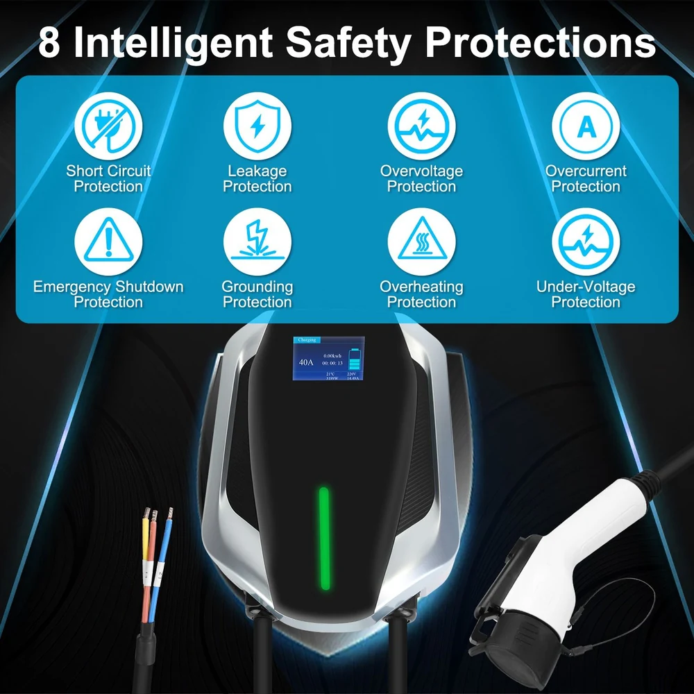 Product image showcasing an electric vehicle charger with an LED display and a charging connector, highlighting 8 intelligent safety protections: short circuit, leakage, overvoltage, overcurrent, emergency shutdown, grounding, overheating, and under-voltage protection.