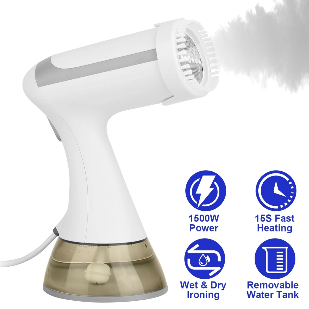 Portable 1500W clothes steamer with fast 15-second heating and removable water tank, designed for both wet and dry ironing.