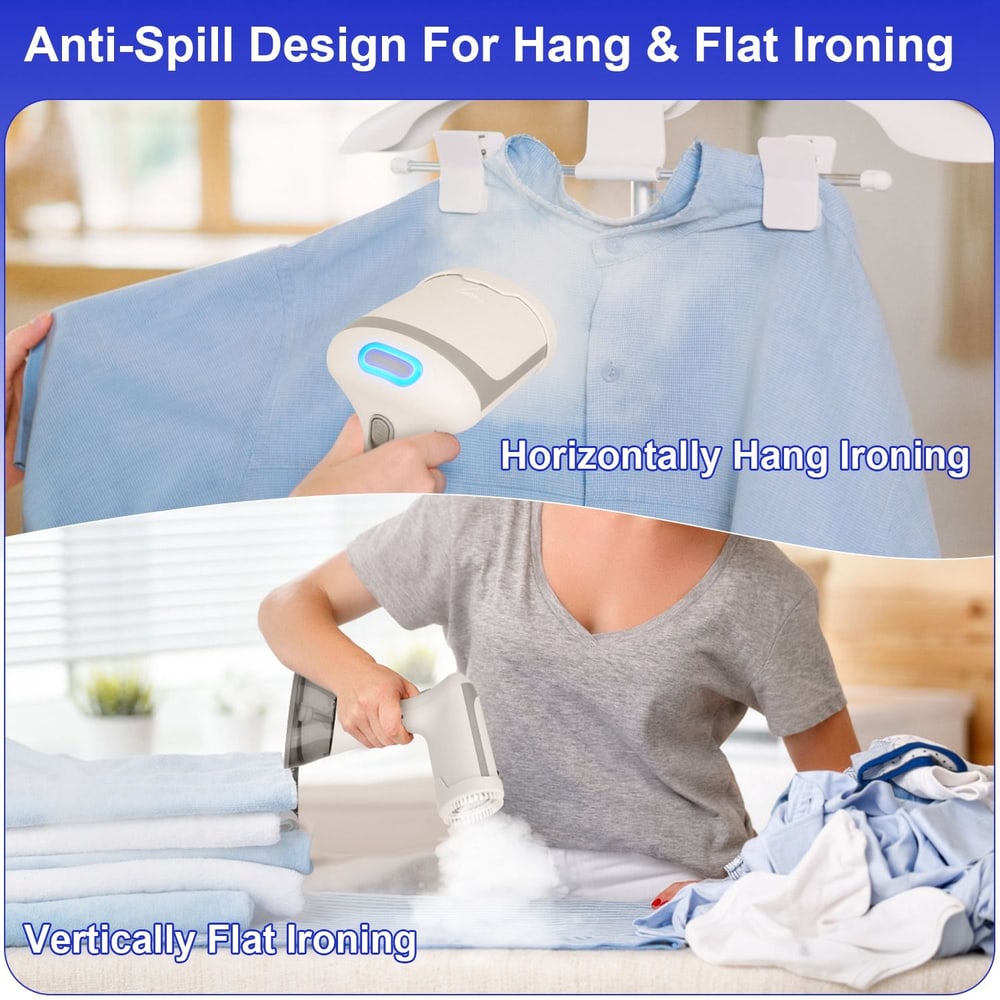 Image of a garment steamer showcasing its anti-spill design for both horizontal hanging and vertical flat ironing, demonstrating ease of use with a person steaming a blue shirt and another woman ironing towels.