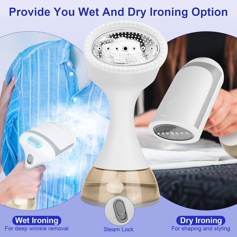 Steam iron with wet and dry ironing options, featuring a sleek design and a steam lock button, shown in use on a blue collared shirt to demonstrate deep wrinkle removal and fabric styling.
