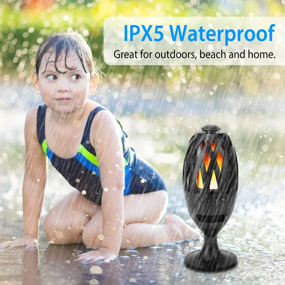 Waterproof outdoor lantern with flickering flame effect, ideal for beach and home use, featured with a child playing in water.