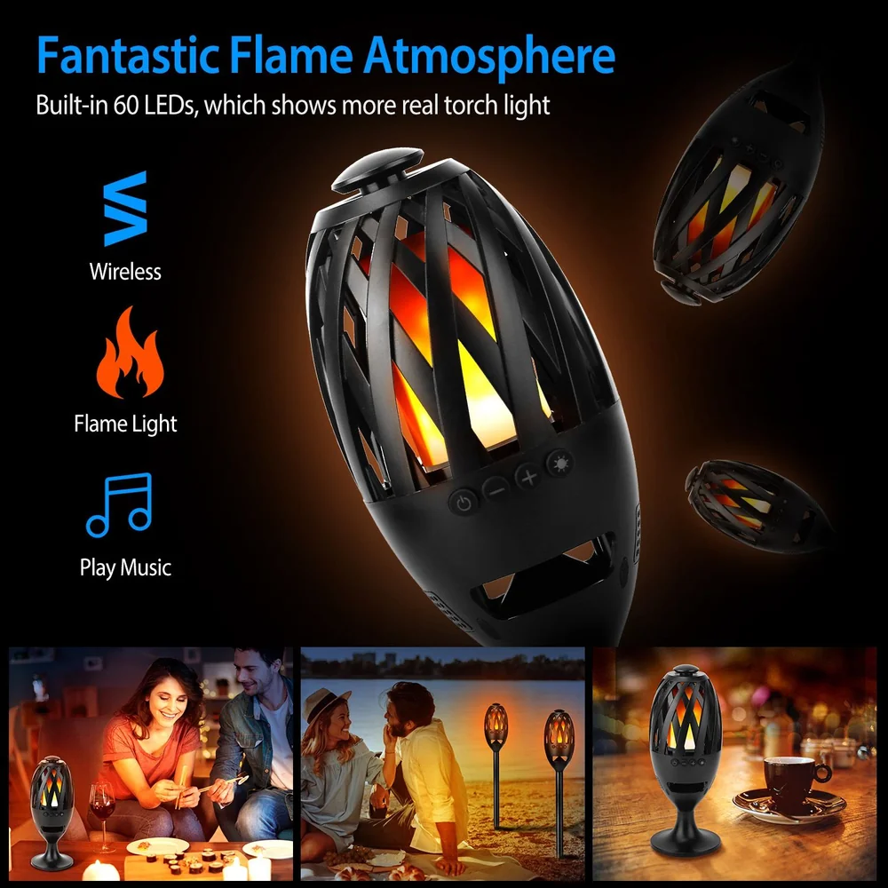 Wireless LED flame light speaker creating a cozy atmosphere, featuring realistic flickering flame effect, music playback functionality, and multiple design options.