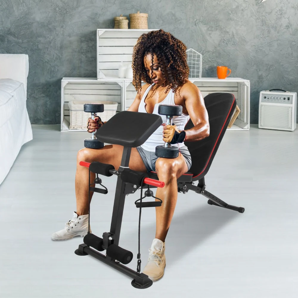 Woman exercising with dumbbells on a multifunctional exercise bench in a bright, modern home gym setting.
