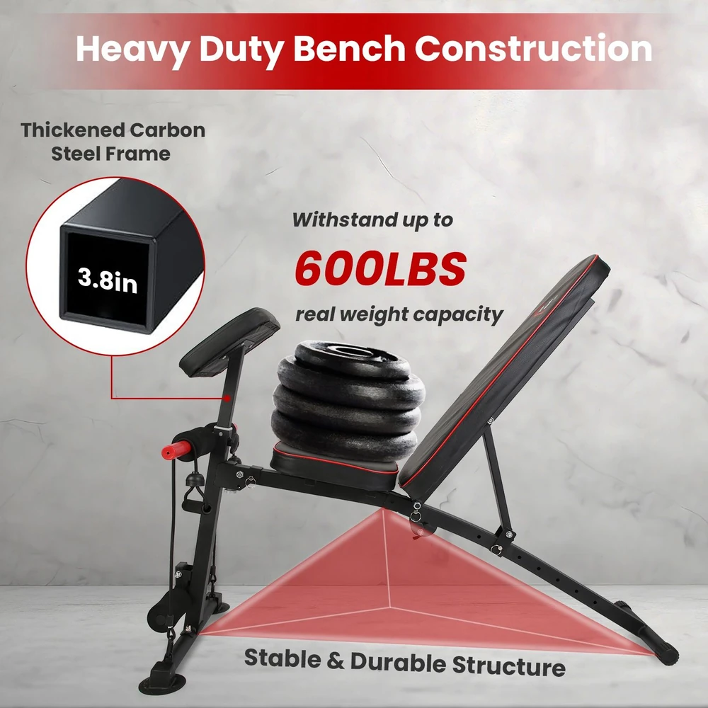 Heavy-duty weight bench with thickened carbon steel frame, designed to support up to 600lbs, featuring a stable and durable structure.