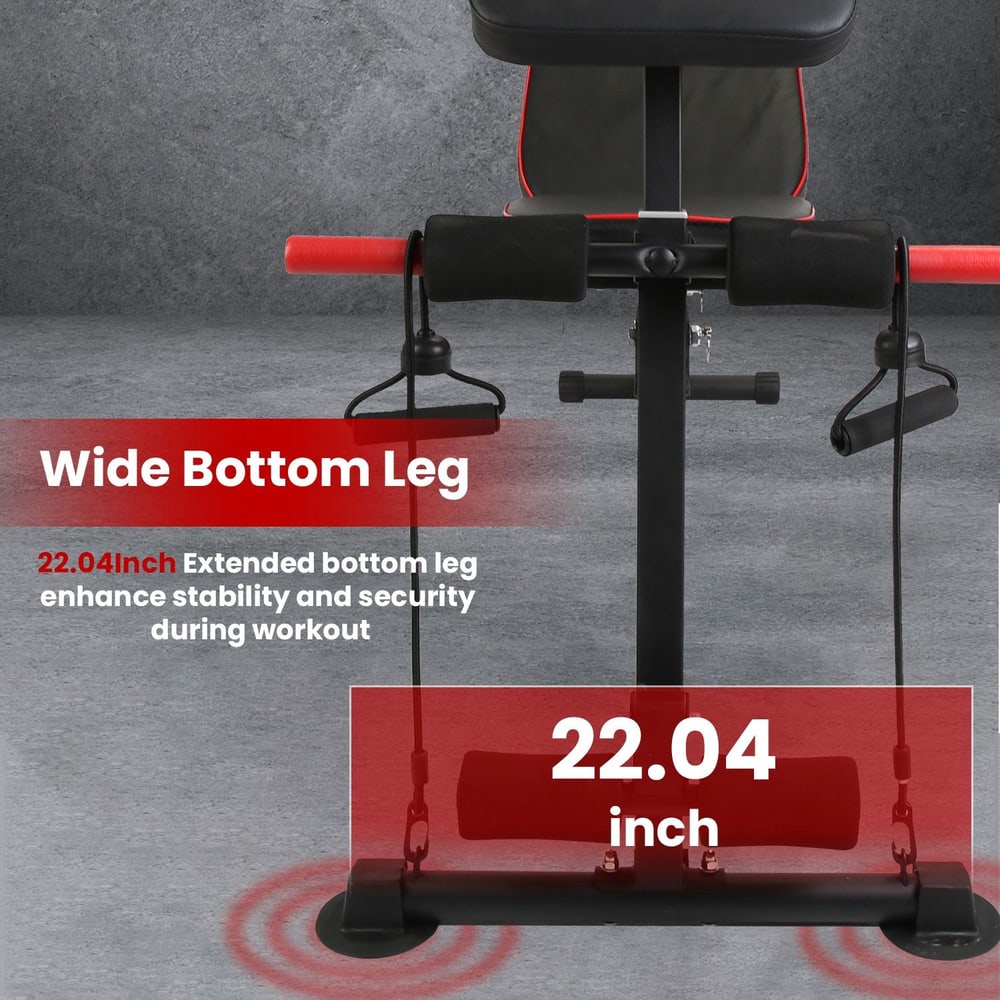 Image of a workout machine featuring a wide bottom leg measuring 22.04 inches, designed for enhanced stability and security during exercise, with visible grips and resistance bands.