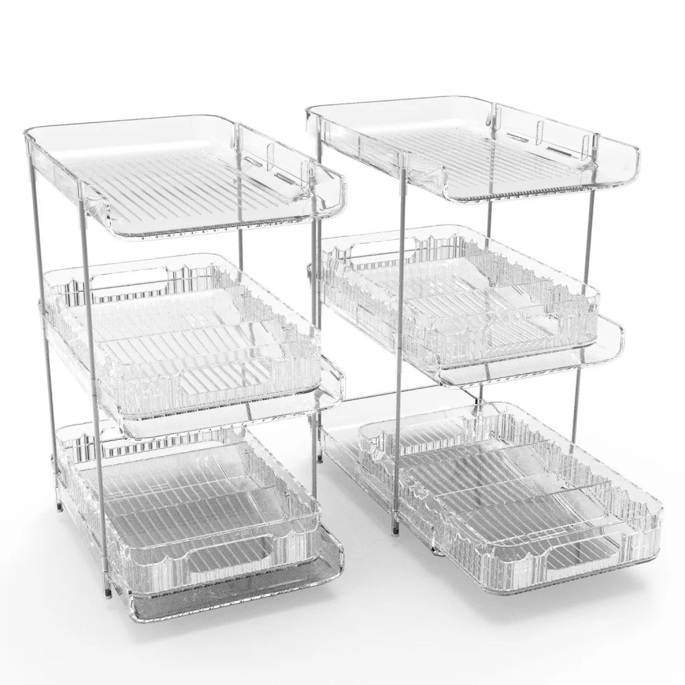 Clear acrylic storage organizer with multiple trays, perfect for home or office organization.