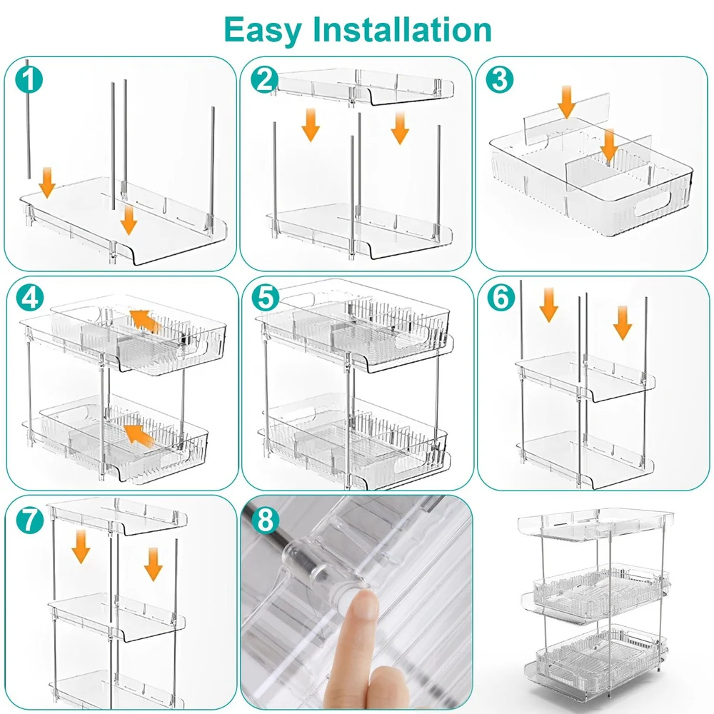 Step-by-step visual guide for easy installation of a multi-tiered clear acrylic storage organizer.