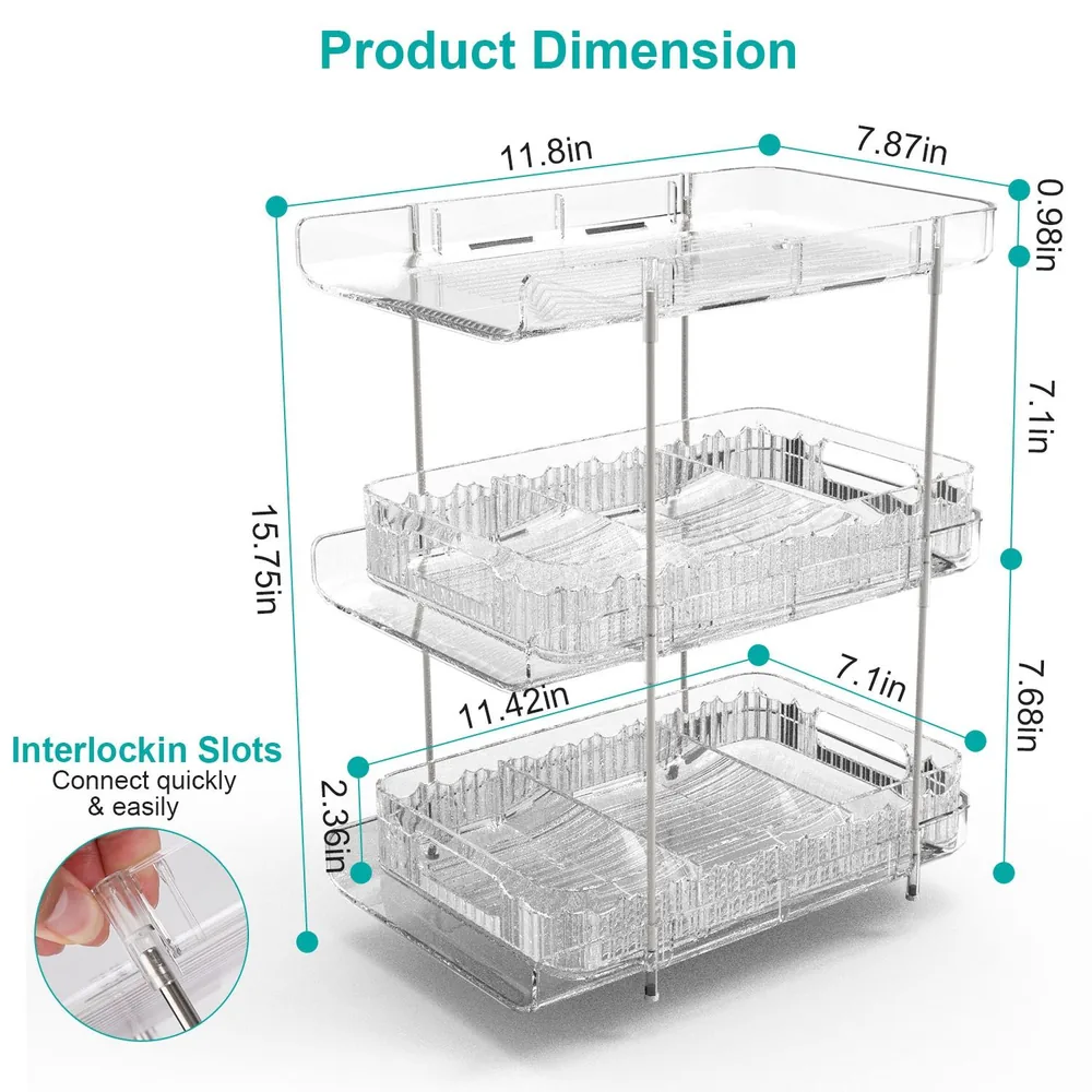 Clear acrylic three-tier storage organizer with detailed product dimensions, showcasing interlocking slots for easy assembly, ideal for organizing small items in various settings.
