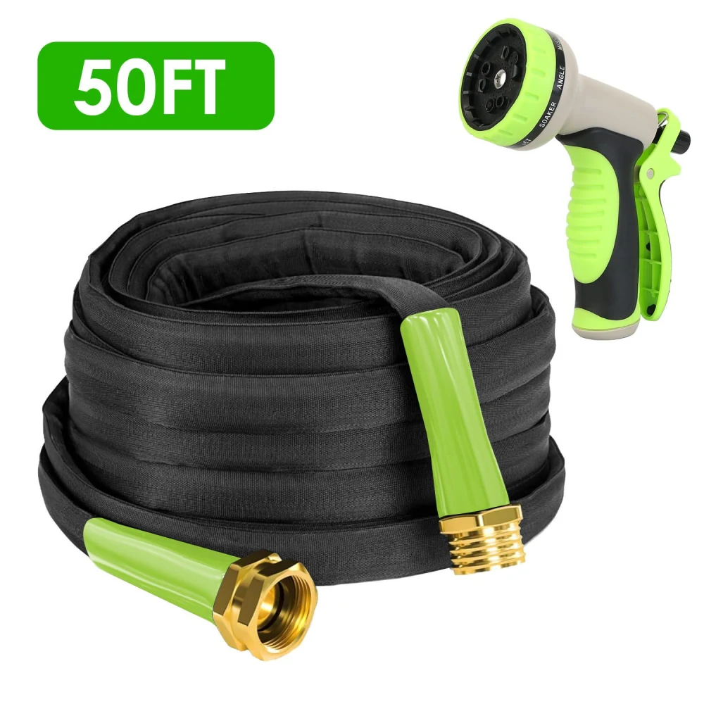 50FT expandable garden hose with a green spray nozzle and durable black fabric cover, designed for easy watering and lawn care.