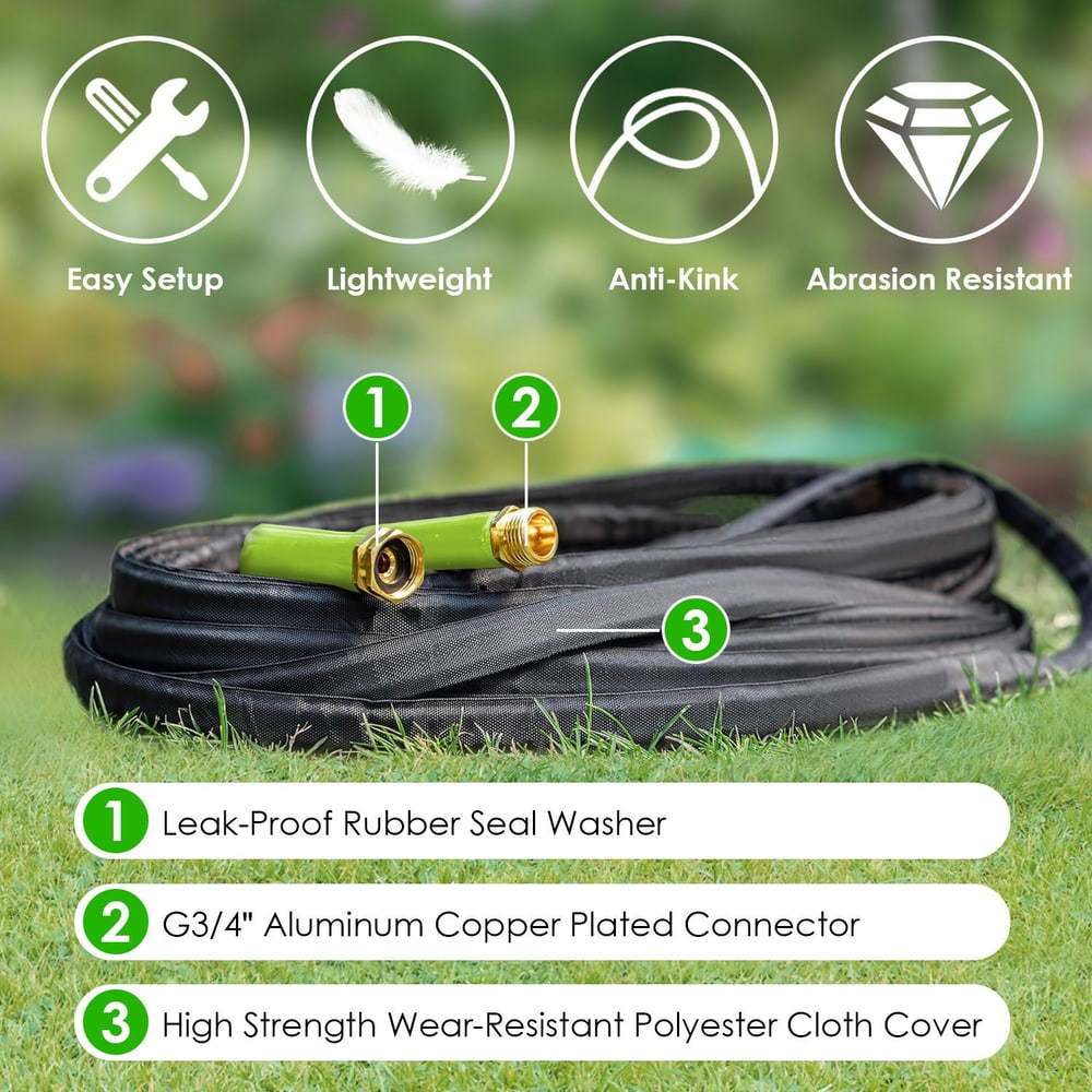 Durable garden hose with leak-proof seal washer, aluminum copper plated connector, and abrasion-resistant polyester cloth cover, displayed on green grass with easy setup icons.
