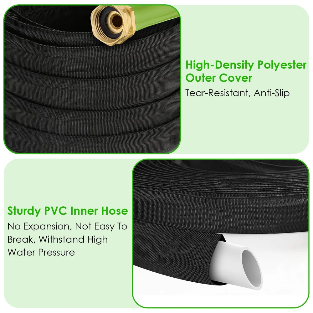 Close-up image of a durable garden hose featuring a high-density polyester outer cover for tear resistance and a sturdy PVC inner hose designed to withstand high water pressure, highlighting its anti-slip design.