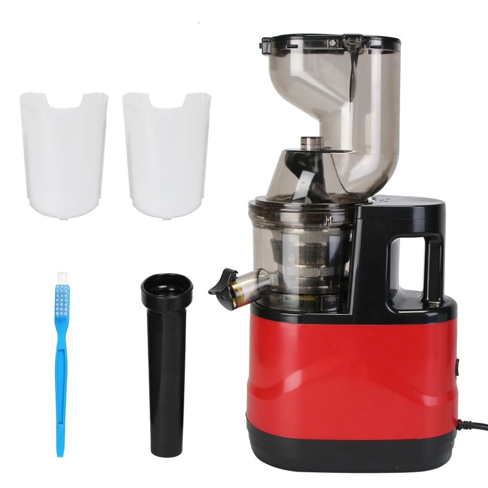 Juicer with two white pulp containers, black feeding tube, and cleaning brush, showcased in red and black design.