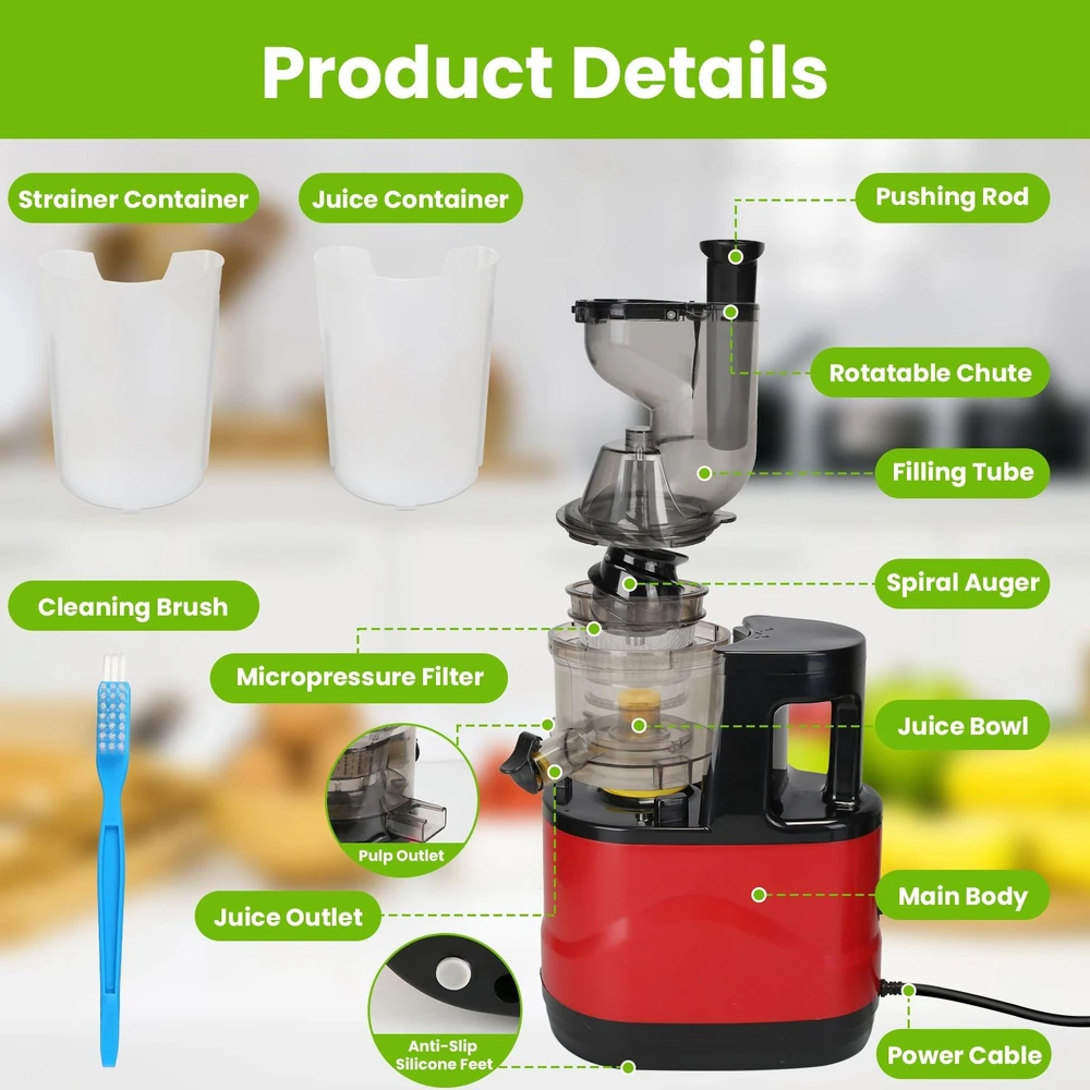Juicer machine with labeled parts including strainer container, juice container, cleaning brush, micropressure filter, juice bowl, and main body, designed for efficient juice extraction and easy cleaning.