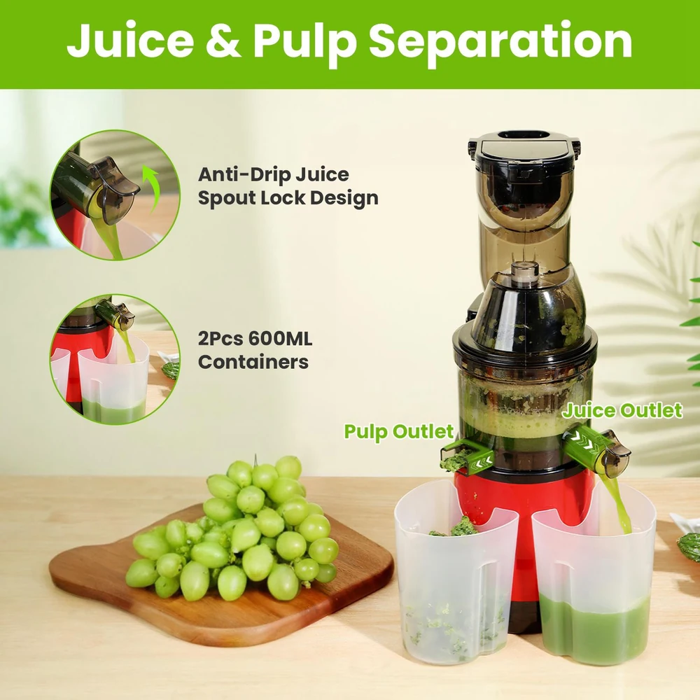 Juice and pulp separating machine with anti-drip spout, featuring two 600ML containers displayed alongside fresh green grapes.