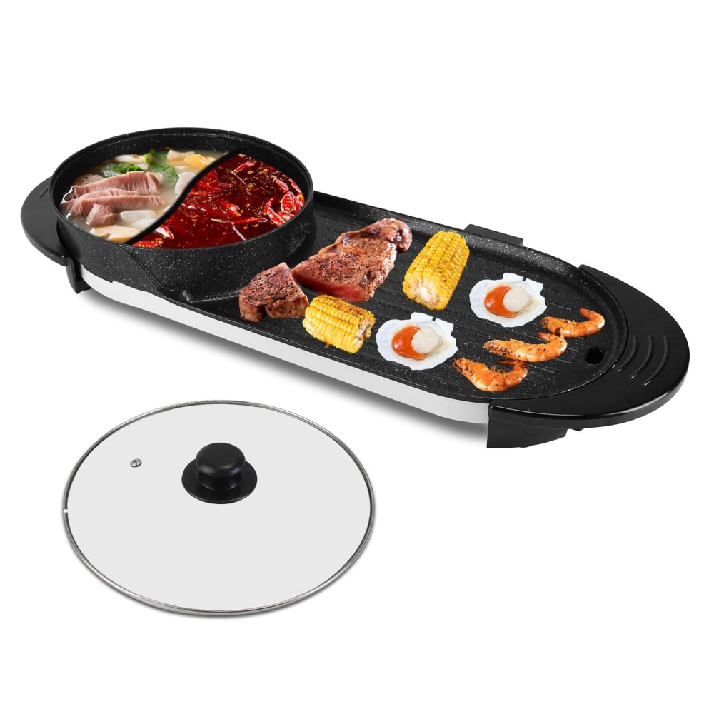 Electric hot pot and grill combo with a variety of cooked meats, corn, shrimp, and eggs, featuring a non-stick cooking surface and a glass lid.