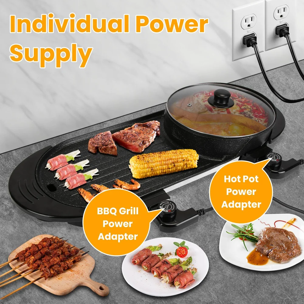 Electric grill and hot pot combo with individual power supply, featuring grilled meat, corn, and skewered appetizers on a non-stick surface, displaying multiple power adapters.