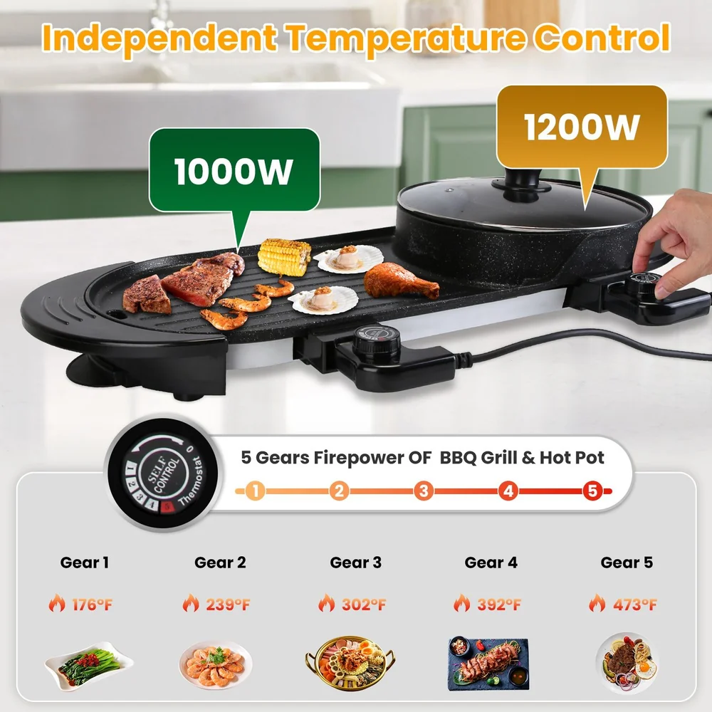 Electric BBQ grill and hot pot with independent temperature control, showing a variety of grilled foods, including shrimp, corn, and steak, adjustable from 1000W to 1200W, designed for versatile cooking with five temperature settings.