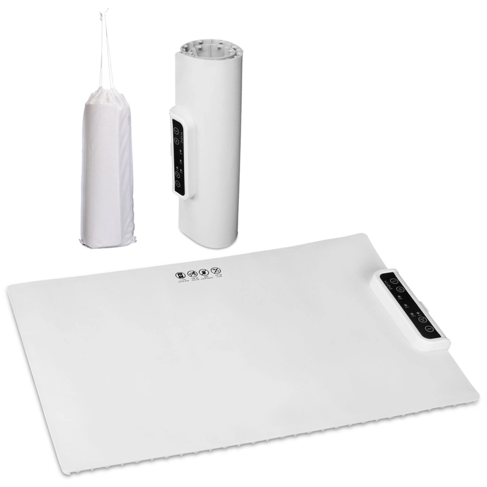 White heated massage mat set with remote control and carrying case for relaxation and pain relief.