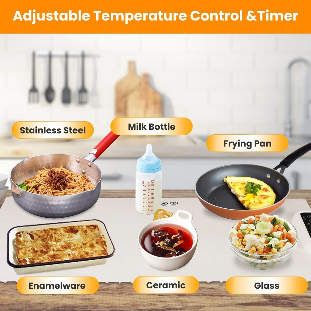 Image showcasing a variety of cookware, including a stainless steel frying pan with noodles, a milk bottle, an enamelware dish, a ceramic bowl with tea, a glass bowl of salad, highlighting adjustable temperature control and timer features.