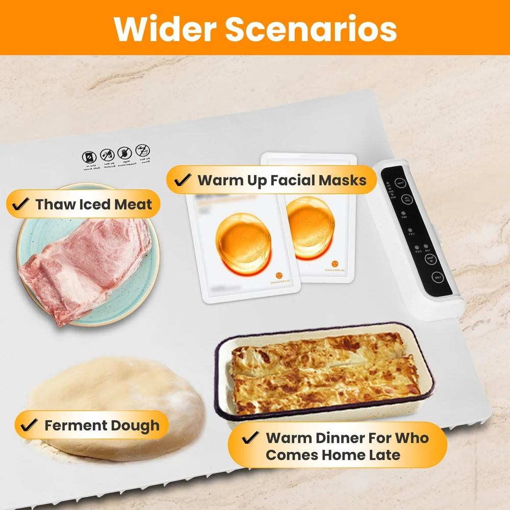 Image of a multifunctional heating mat illustrating various uses: thawing frozen meat, warming facial masks, fermenting dough, and reheating dinner, with a digital control panel on the side.