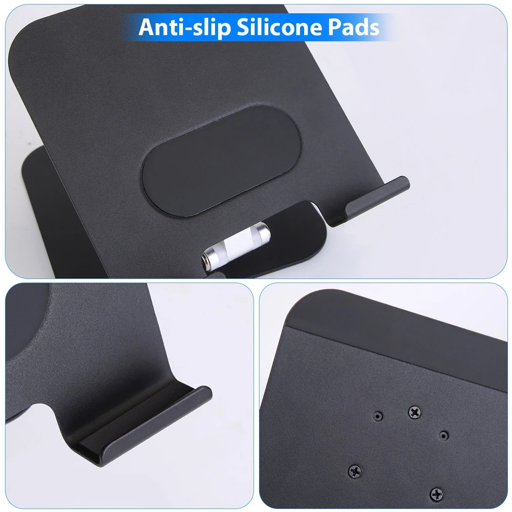 Image of a black adjustable smartphone or tablet stand featuring anti-slip silicone pads for enhanced stability and grip, perfect for desk use.