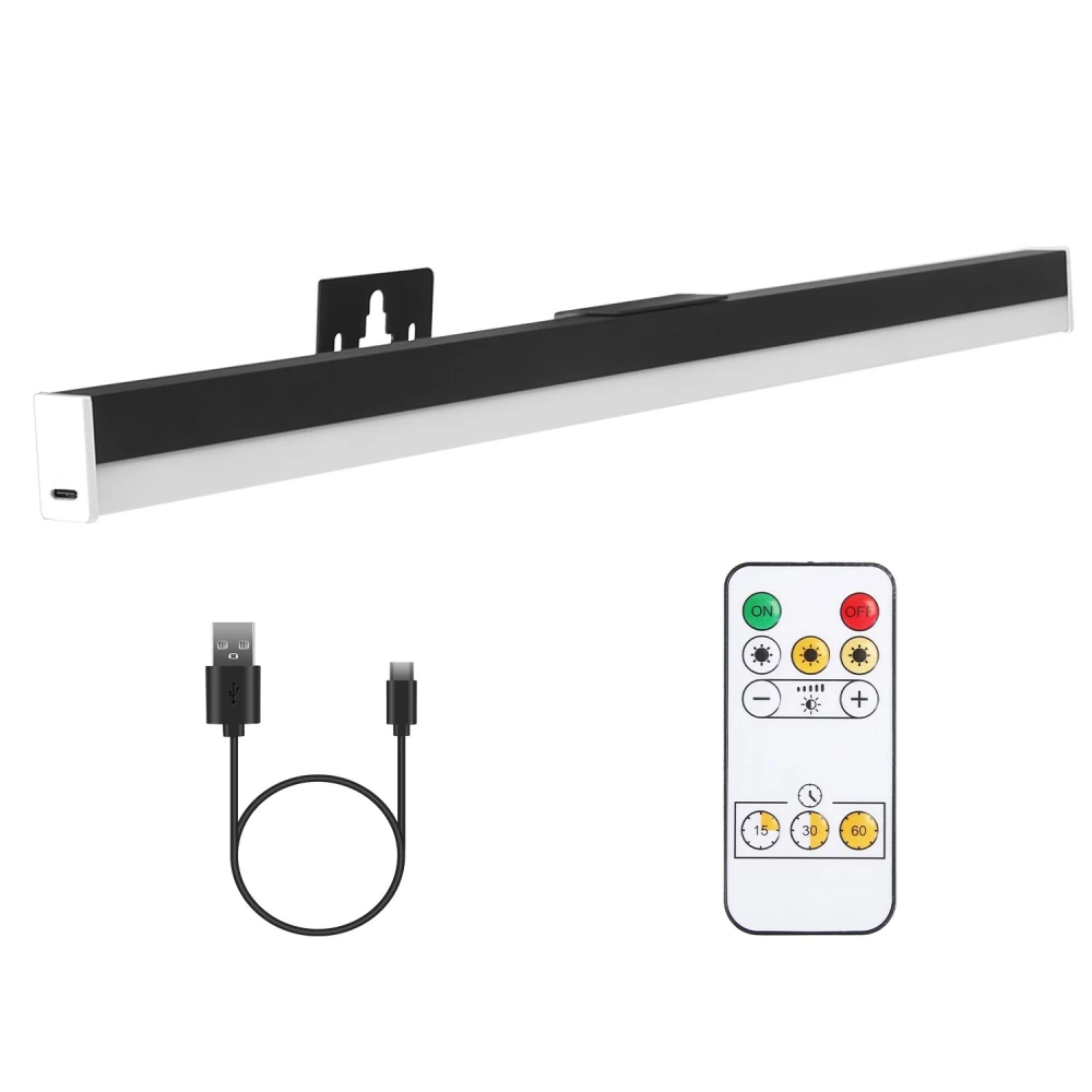 USB LED bar light with remote control and charging cable, featuring a sleek black and white design for easy mounting and adjustable brightness settings.