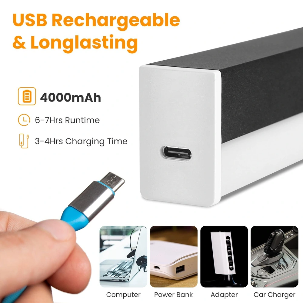 USB rechargeable power bank with 4000mAh capacity, featuring a USB-C charging port and highlighted runtime of 6-7 hours, shown connected to various devices like a computer and car charger.